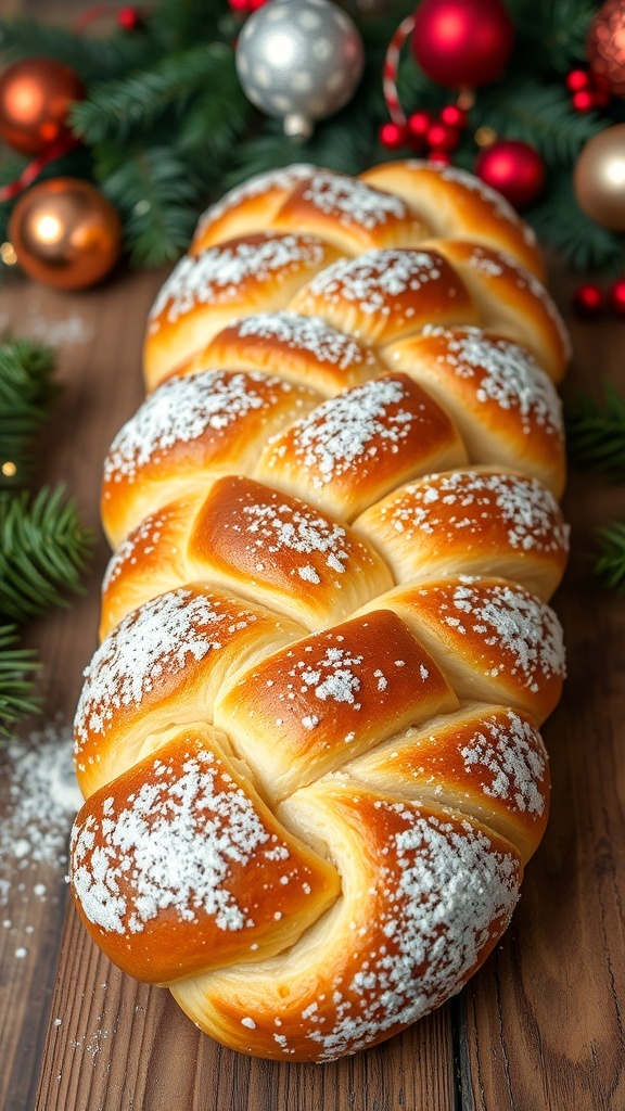 A braided Christmas yeast bread loaf, golden and dusted with powdered sugar, on a wooden table with holiday decorations.